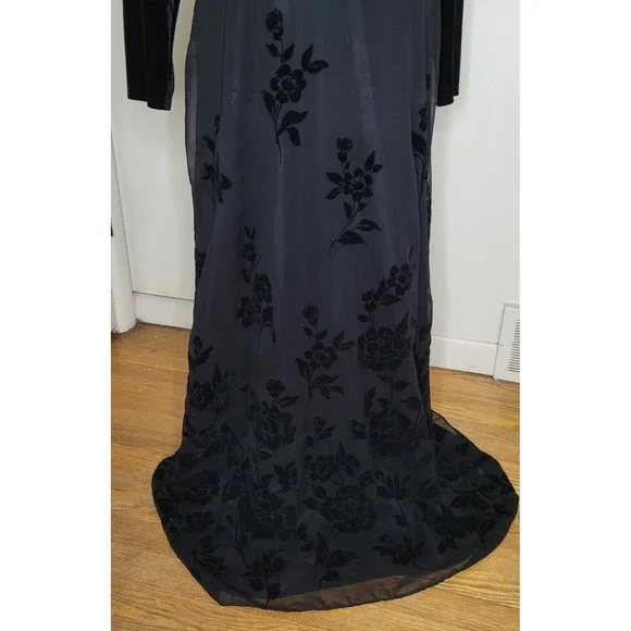 VTG Coldwater Creek LS Black Velvet Burnout Modest Formal Maxi Dress Holiday  16